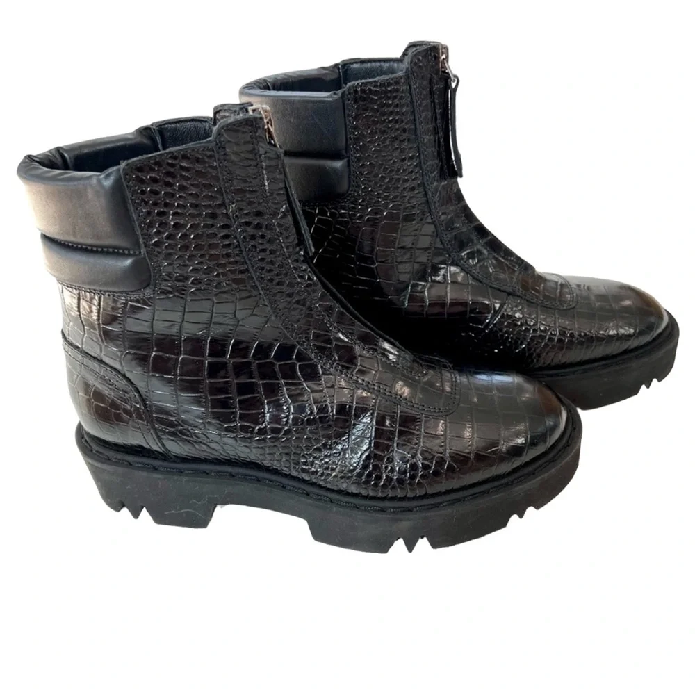 Aquatalia Harlo Croc Embossed Leather Hiker Lug Sole Boots Women’s 7 Designer